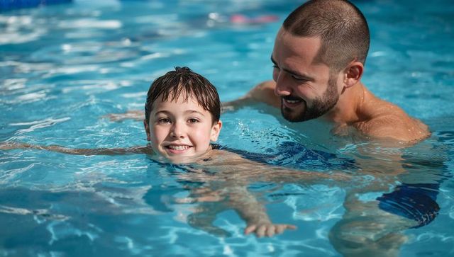 Father teaching son swimming in community pool smiling while practicing beginner strokes