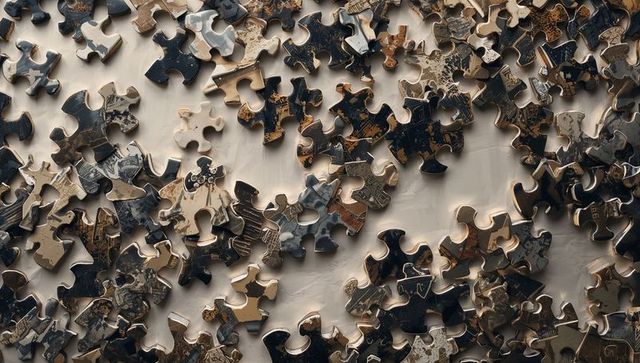 Scattered Sepia Jigsaw Pieces Resting on Beige Tabletop Showing Glossy Dark Artwork