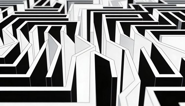 Monochrome Maze Sculpting Geometric Labyrinth with High-Contrast Corridors and Walls