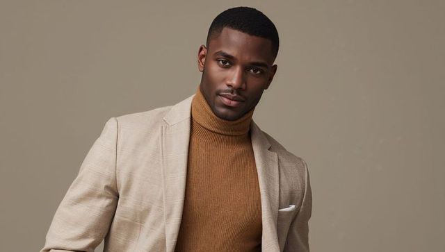 Sophisticated gentleman in camel turtleneck and beige blazer