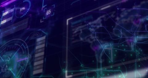 Holographic Data Dashboard Animating Over Dark Futuristic Interface with World Map and Gauges