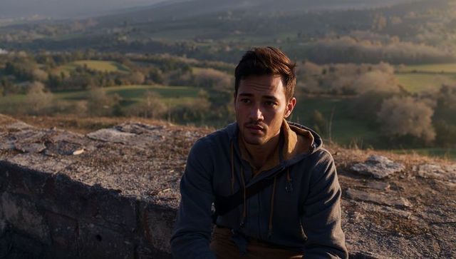 Sitting man gazing from stone wall at golden hour over rolling countryside valley