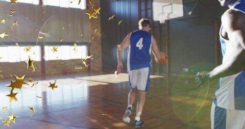 Basketball Players Celebrating Victory on Court with Confetti