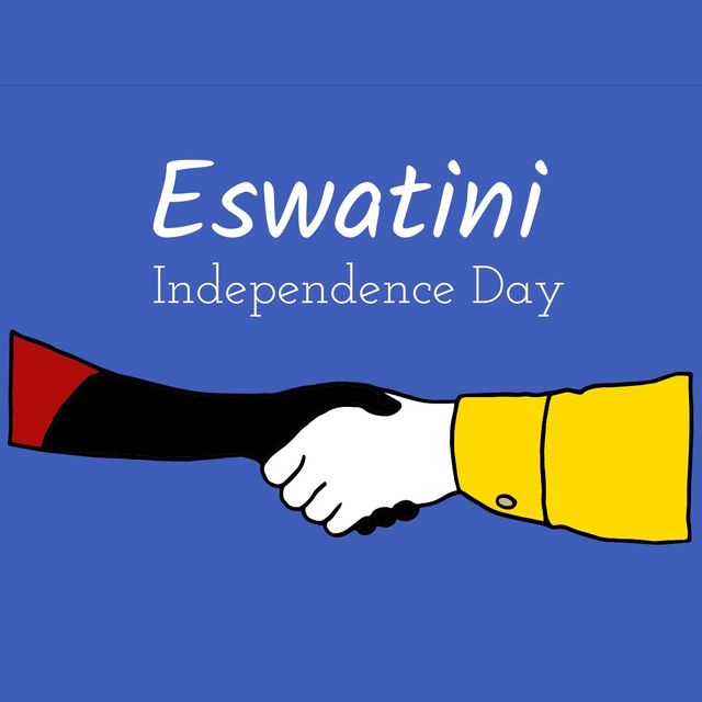 Illustration of cropped multiracial shakinghands with eswatini independence day text, copy space. Blue background, vector, patriotism, celebration, freedom and identity concept.