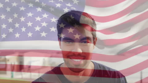 Smiling Man Overlaid with USA Flag Represents Patriotism Concept