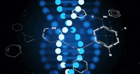 Glowing DNA Double Helix Showcasing Molecular Diagrams in Futuristic Digital Grid Background