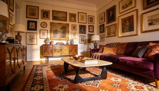 Warm eclectic living room featuring purple velvet sofa, gallery wall and midcentury coffee table