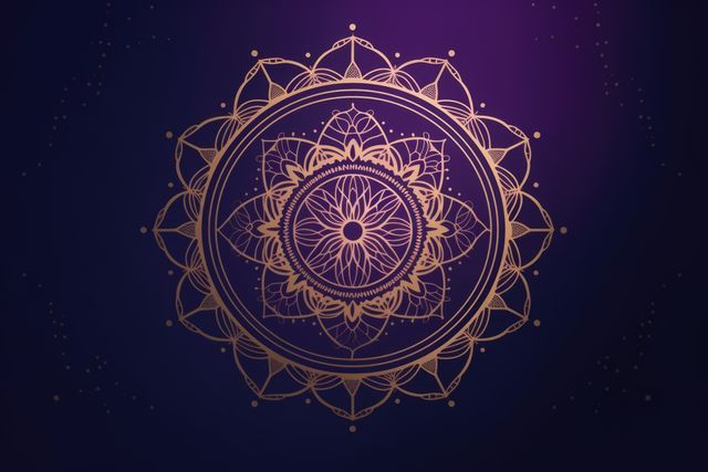 Gold mandala design on blue background, created using generative ai technology. Colour, pattern, design, symbol and spirituality concept digitally generated image.