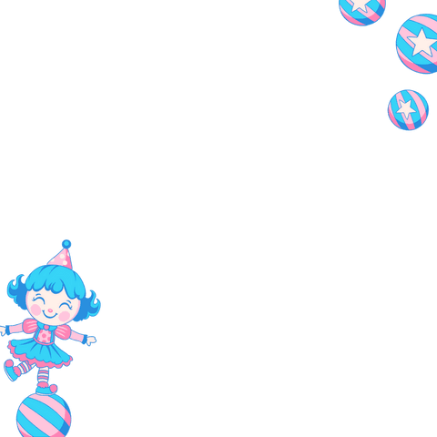 Playful cartoon girl balancing on ball with starry floating spheres transparent