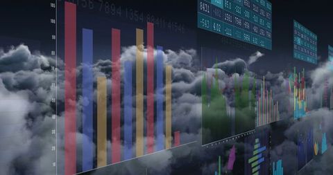 Futuristic Cloud-Based Data Analytics Interface with Bar and Line Charts