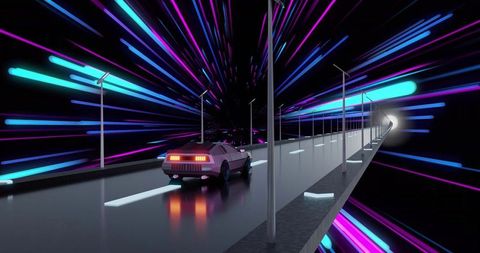 Retro-futuristic sports car driving toward neon portal on bridge, cyberpunk synthwave night