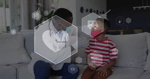 Pediatrician examining child with nasal swab during home telehealth visit wearing masks