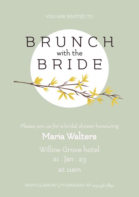 This elegant bridal brunch invitation features a clean and minimalist design with a beautiful floral branch in the center. Perfect for sending out to friends and family to celebrate the bride-to-be in a sophisticated and stylish manner. Ideal for creating digital invites, wedding websites, or printed invitations for bridal showers and wedding-related gatherings.
