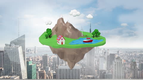 Floating Island Animation Over Cityscape with Diverse Ecosystem