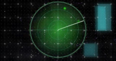 Green radar scope scanning with rotating sweep and bright blip on grid hud