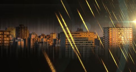 Urban Cityscape with Digital Interface Overlay at Sunset