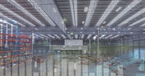 Digitally Overlaid Financial Data on Modern Warehouse Interior