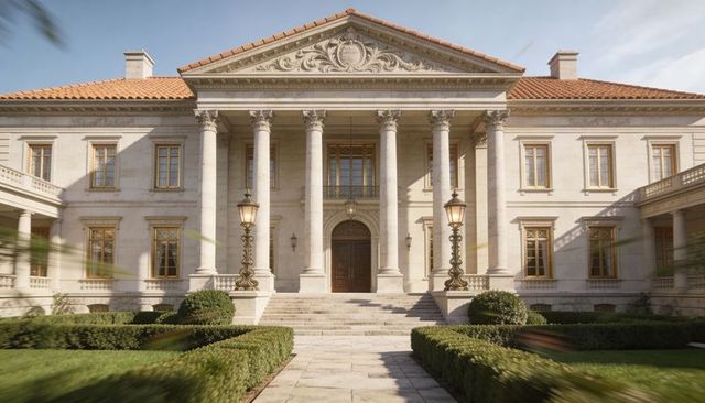 Showcasing neoclassical mansion facade with grand colonnade and formal courtyard