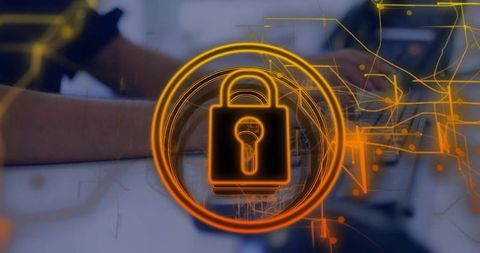 Cybersecurity Concept with Glowing Padlock Overlay on Typing Professional