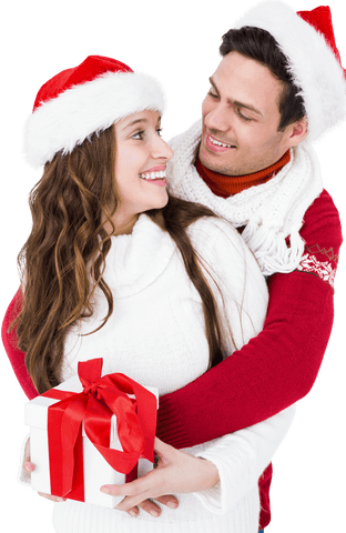 Transparent merry couple with gift in santa hats embracing