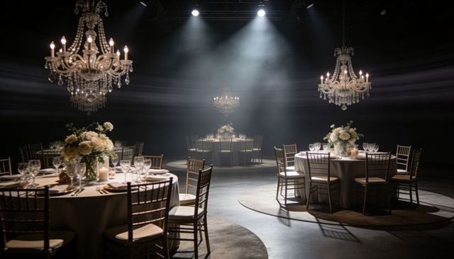 Banquet tables glowing under crystal chandeliers in moody luxury ballroom lighting