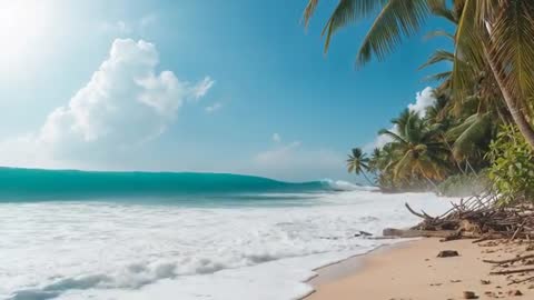 Ocean Wave Crashing on Tropical Coastal Beachside