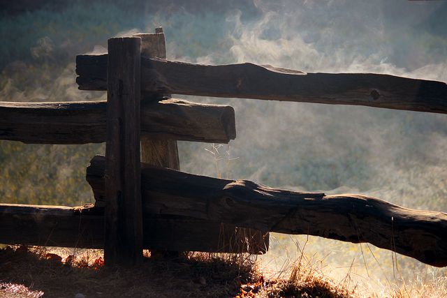 Wooden fence surrounded by mist in rural countryside setting, captured during early morning light. Ideal for websites or publications focusing on tranquil nature scenes, rural life, environmental themes, or serene outdoor backgrounds. Perfect for use in blogs, articles, presentations, or as a decorative element in nature-themed designs.