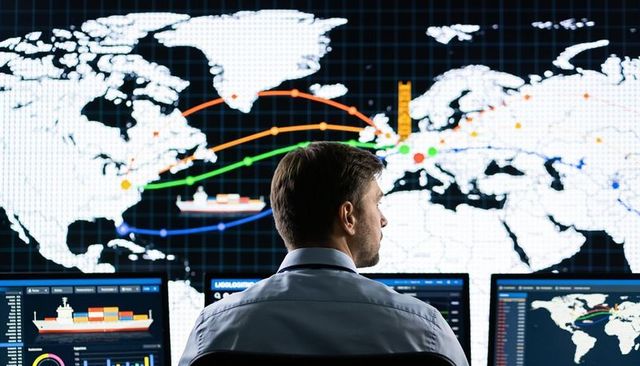 Logistics operator monitoring global vessel tracking in maritime control room route maps