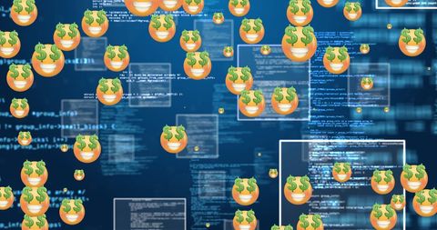 Cryptocurrency wealth concept with dollar sign emojis and digital codes