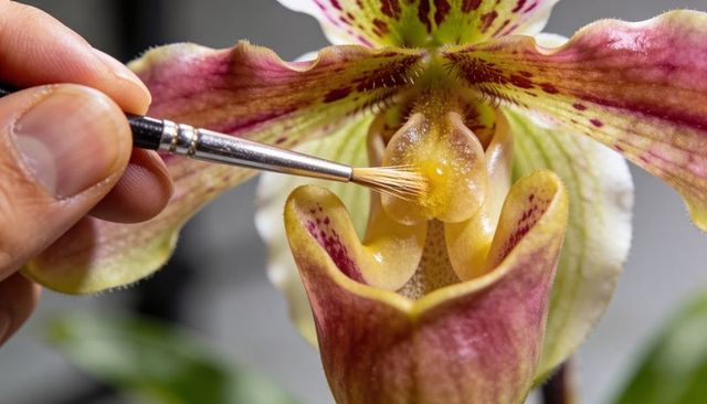 Hand pollinating slipper orchid with fine brush macro close-up of pollen transfer