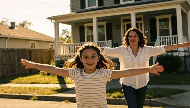 Young girl running with arms outstretched while mother follows on sunny suburban porch
