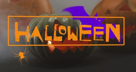 Halloween Text Over Carved Pumpkins with Bat and Spider Graphics