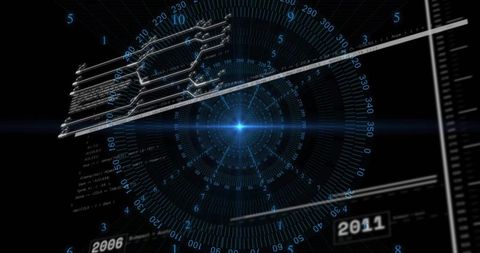 Futuristic blue HUD radial interface with timeline markers and data visualization