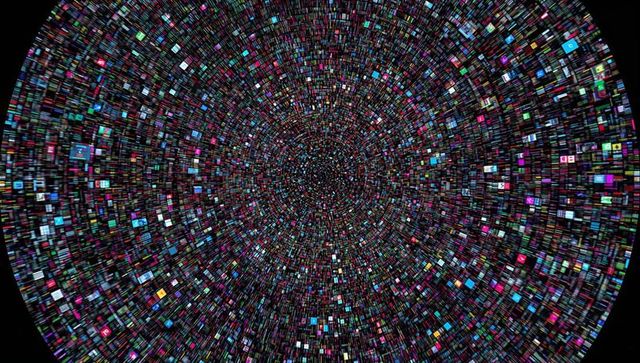 Spinning Digital Vortex Pulling Data Inward Through Neon Radial Tunnel of Pixel Tiles