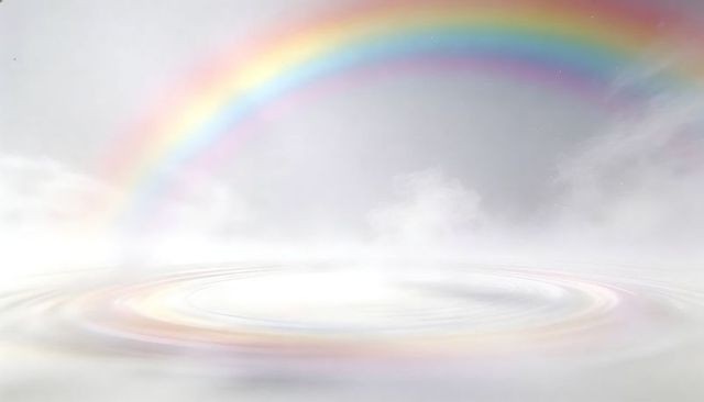 Ethereal Rainbow Arch Creating Luminous Mist Ripples Over Foggy Plain With Soft Prism Glow