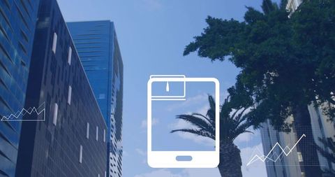 Urban skyline with mobile device overlay and upward line charts for tech and finance