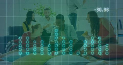 Friends Lounging and Sharing Pizza with Futuristic Data Overlay for Social Tech