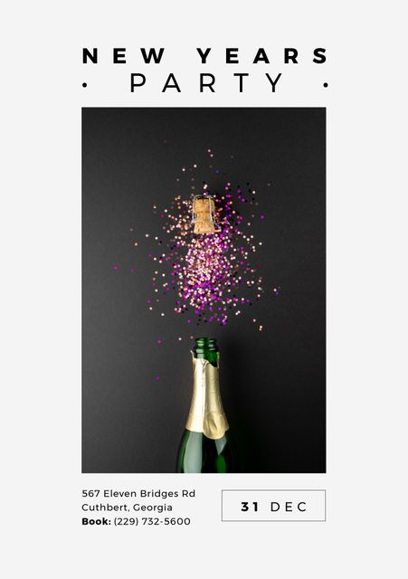 Composition of new years eve text over champagne bottle and pink glitter. New years eve party and celebration concept digitally generated image.