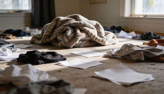 Sunlit cozy chaos with rumpled beige blanket piled on carpet and scattered papers