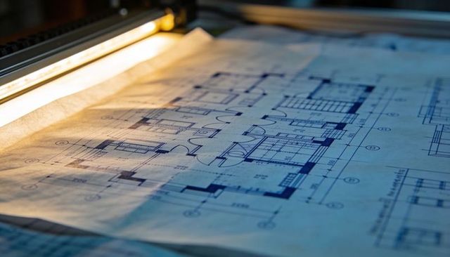 Architectural blueprint on drafting table under lamp revealing corridor and room layout