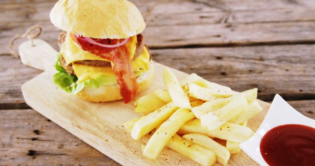A delicious-looking cheeseburger with bacon, lettuce, and tomato is served alongside a portion of French fries and ketchup, presented on a wooden board. This appetizing setup is often associated with fast food cuisine and casual dining experiences.