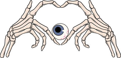 Skeletal hands cradling eyeball on transparent background