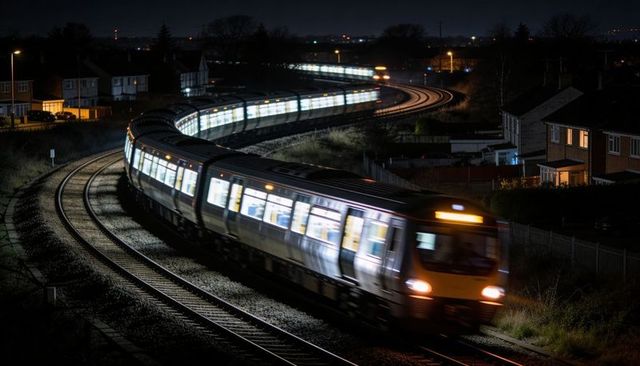 Curving commuter train racing through suburban night, motion blur and headlight glow