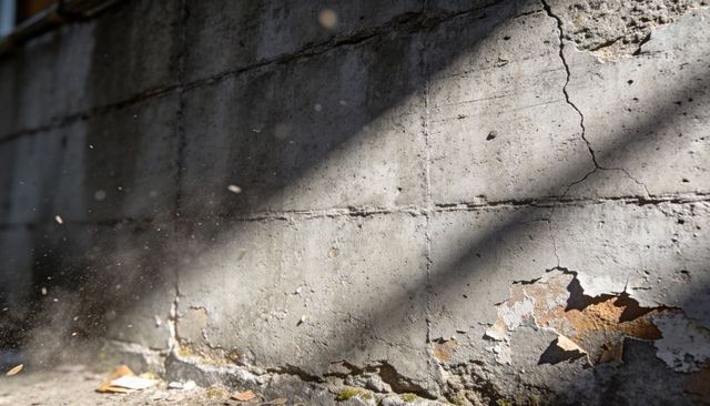 Sunlit Cracked Concrete Wall with Peeling Plaster, Moss and Floating Dust Texture