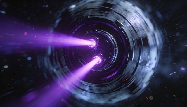 Twin violet laser thrusters piercing concentric metallic tunnel, futuristic neon engine bay
