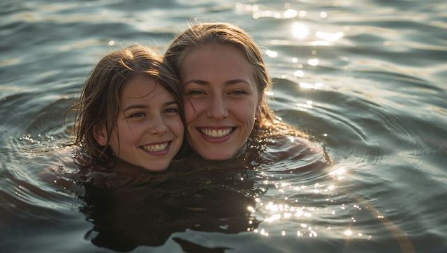 Smiling mother and daughter floating in lake at sunset golden sunlight sparkling on water