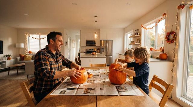 Father carving pumpkins with young sons at cozy open-plan kitchen table for autumn family