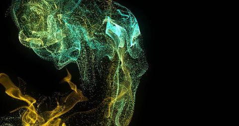 Luminous Teal and Gold Particle Ribbons Flowing Upward on Deep Black Background