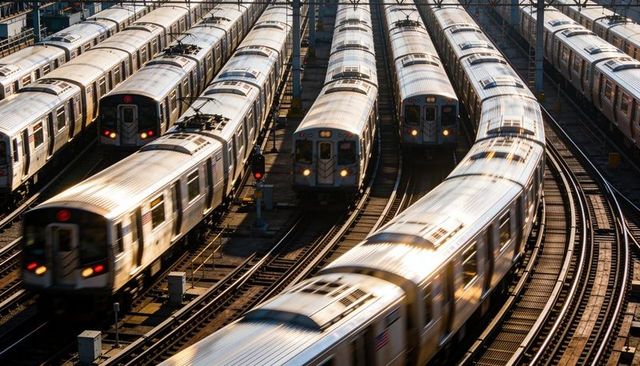 Silver subway trains curving through elevated rail yard with gleaming metal and signals