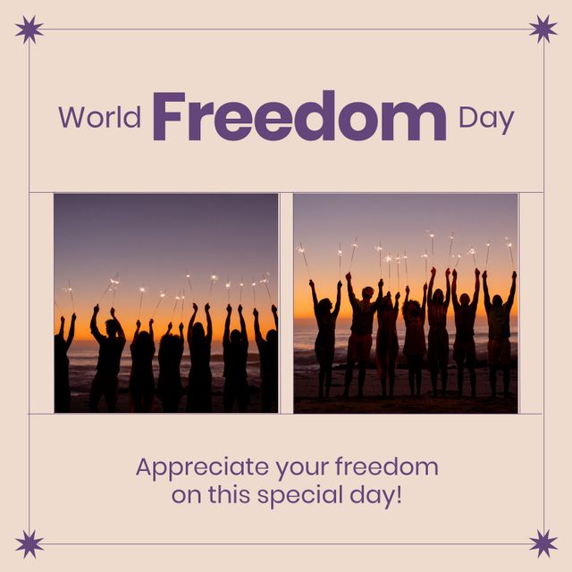 Silhouette people with illuminated sparklers standing at beach with world freedom day text in frame. Digital composite, celebration, victory over communism, holiday, freedom.